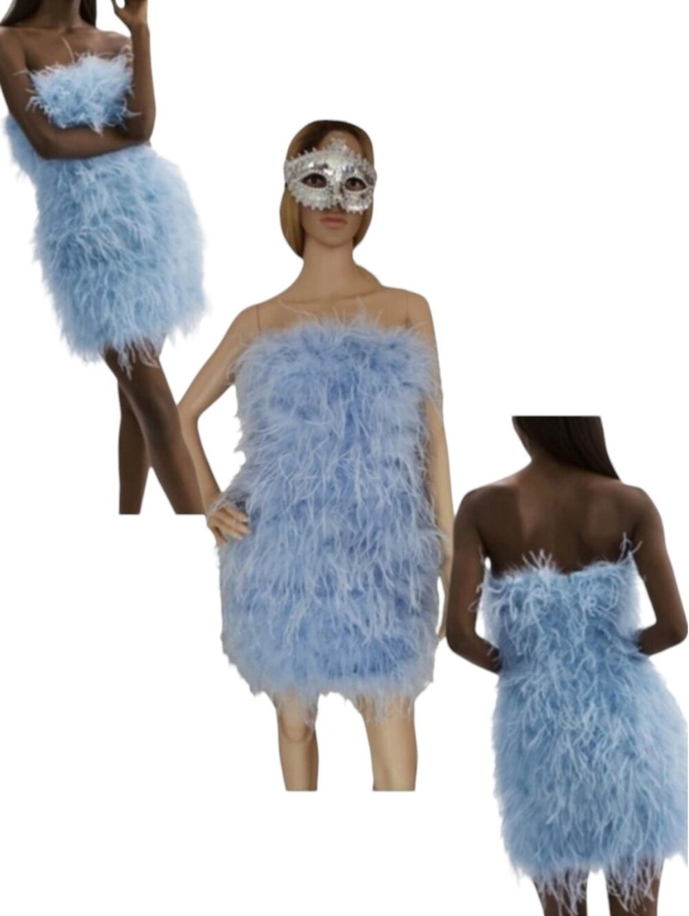 Lamarque Triana Ostrich Feather dress Baby blue strapless cocktail mini Women S